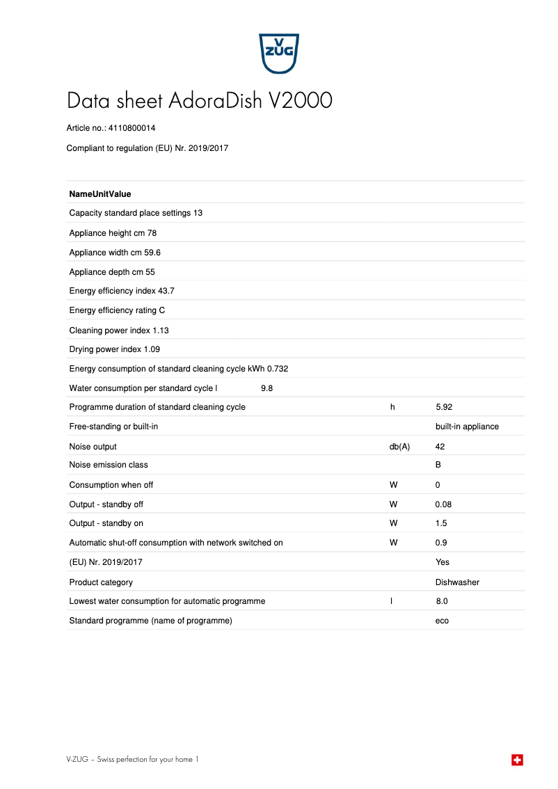 Page 1 de la notice Fiche technique V-Zug AdoraDish V2000