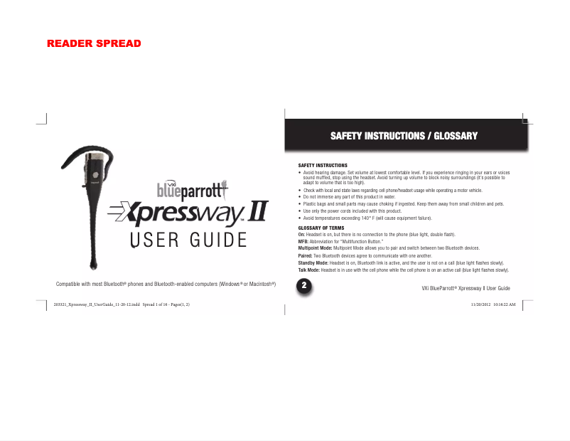 Image de la première page du manuel de l'appareil BlueParrott Xpressway II