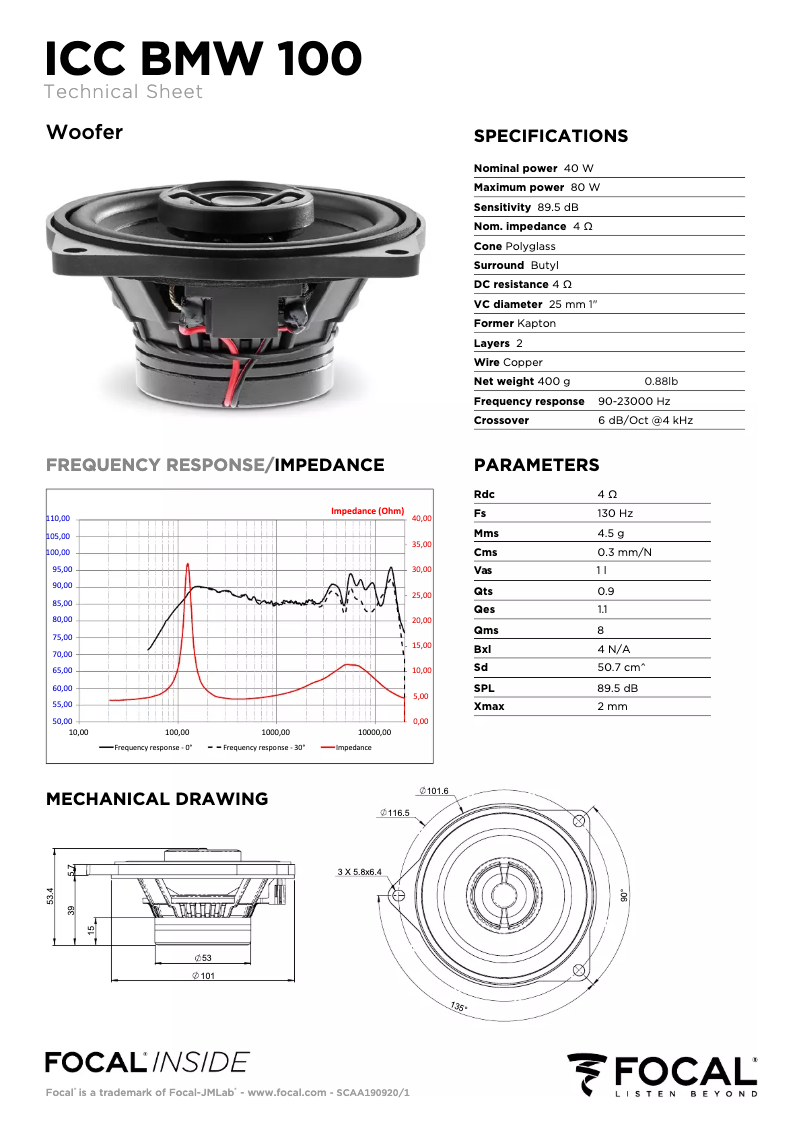 Page 1 de la notice Fiche technique Focal ICC BMW 100