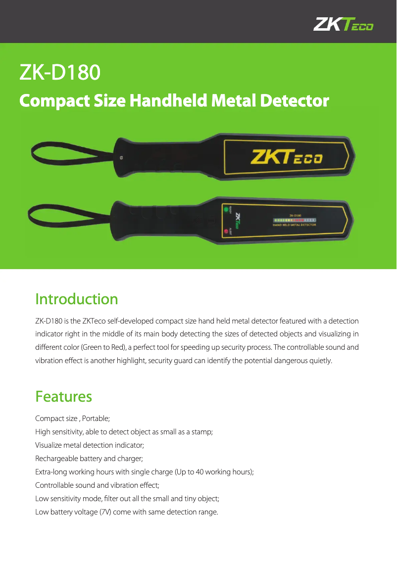 Page 1 de la notice Fiche technique ZKTeco ZK-D180