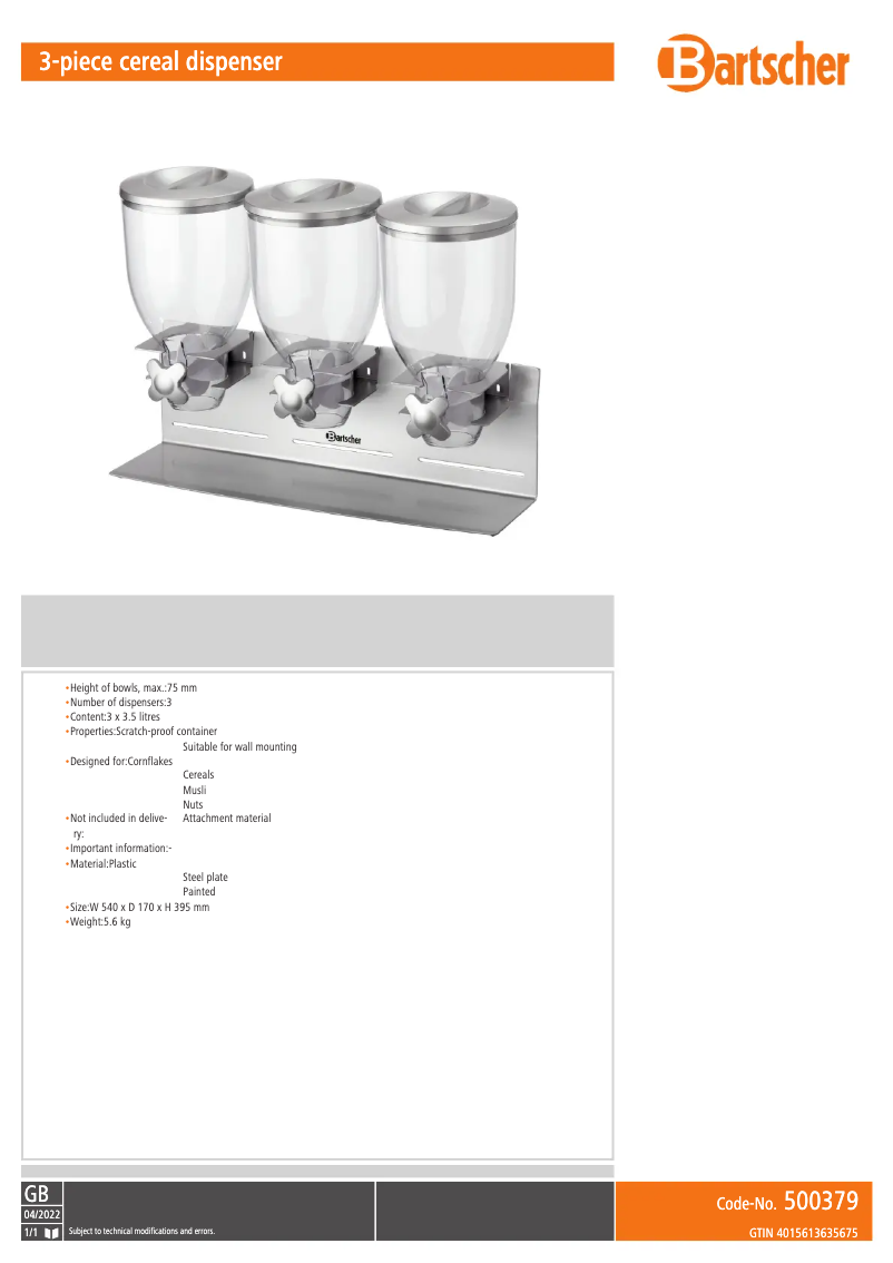 Page n°1 - Fiche technique Bartscher 500379