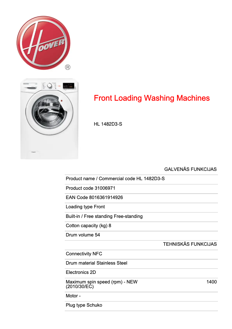 Page n°1 - Fiche technique Hoover HL 1482D3-S