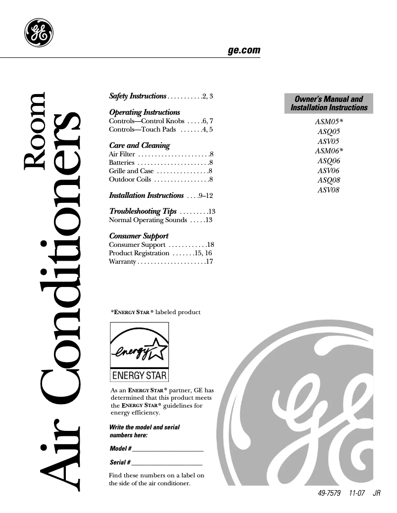 Page n°1 - Manuel d'utilisation et d'entretien GE ASV05LL
