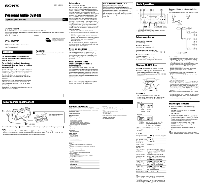 Image de la première page du manuel de l'appareil ZS-H10CP