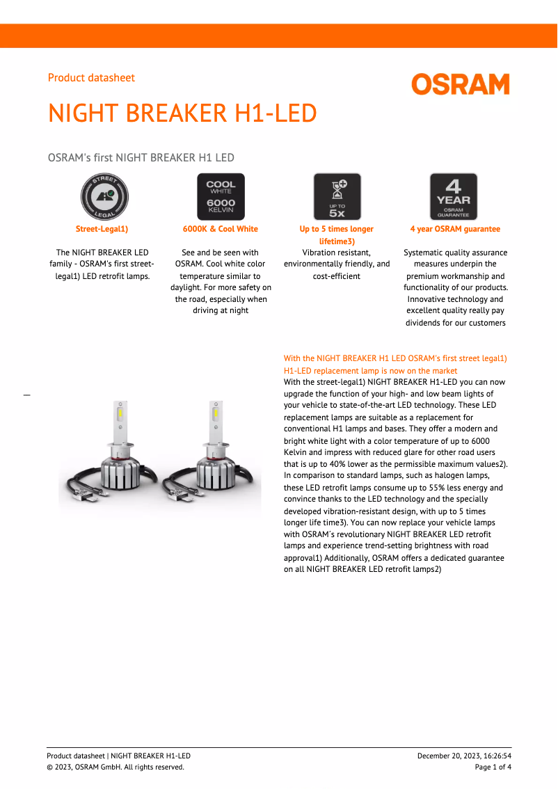 Page n°1 - Fiche technique Osram NIGHT BREAKER H1-LED