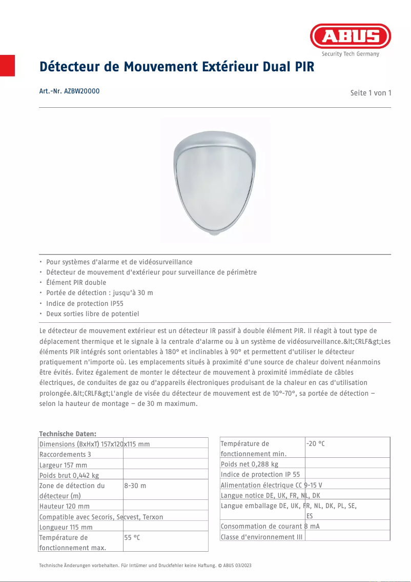 Página 1 del manual Ficha técnica Abus AZBW20000