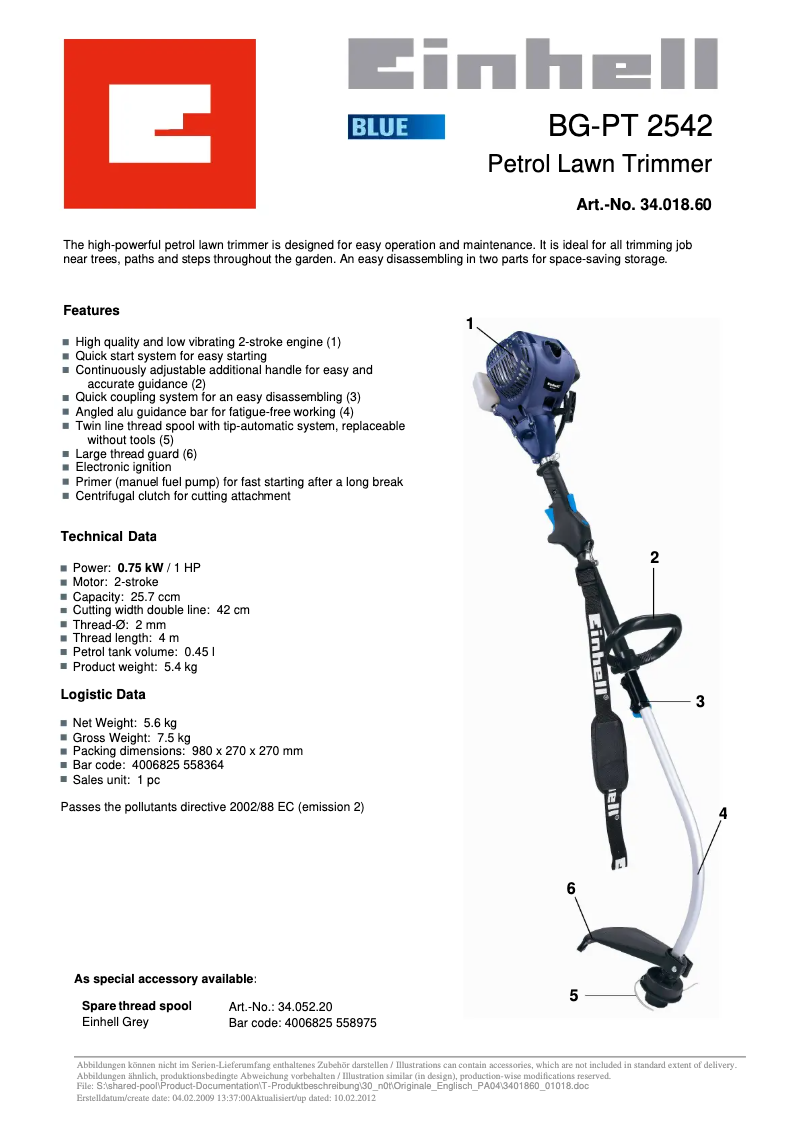 Page n°1 - Manuel utilisateur Einhell BG-PT 2542