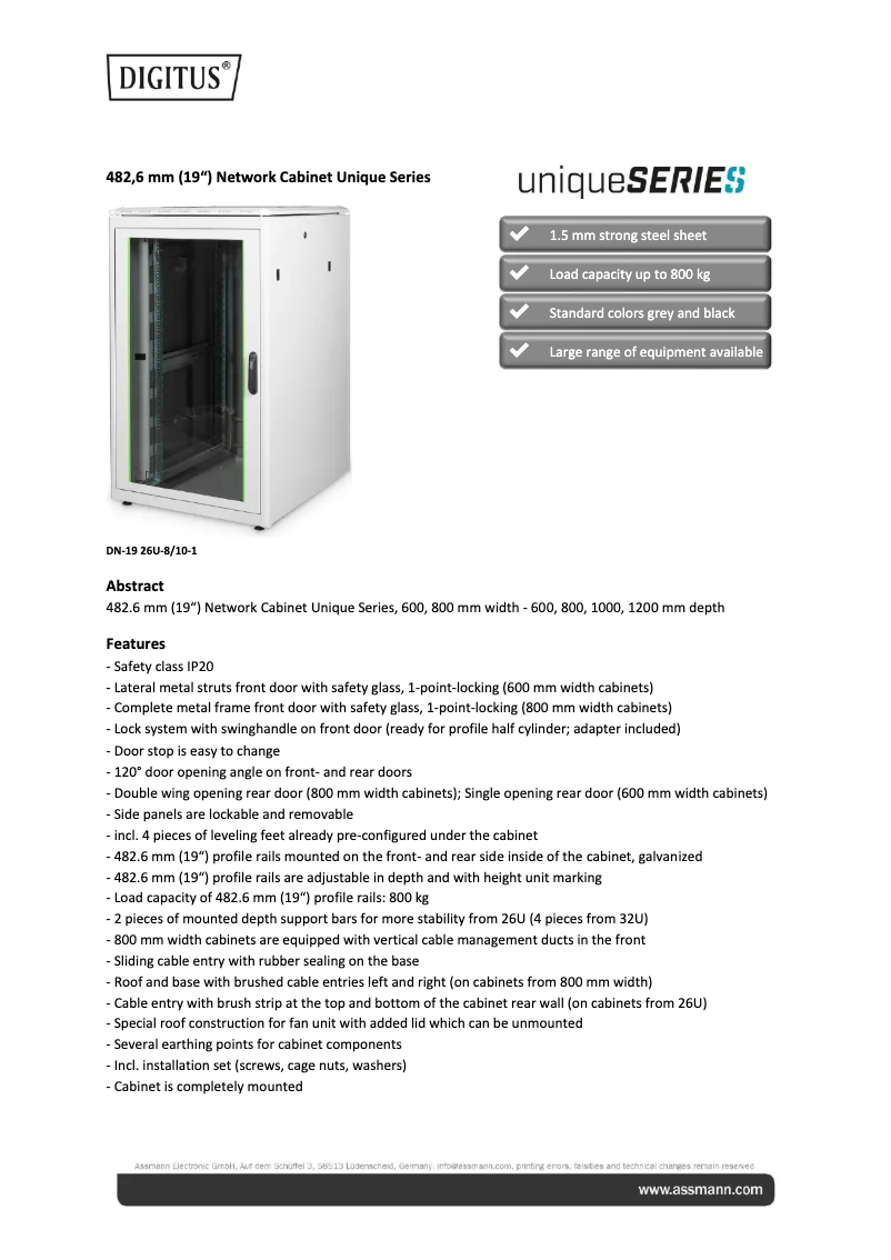Page 1 of the manual Technical Sheet Digitus DN-19 42U-8/12-1B