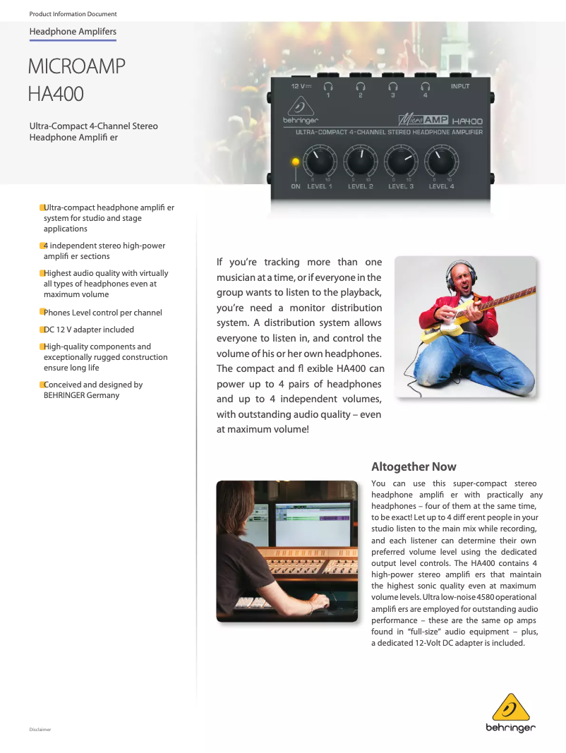 Page n°1 - Fiche technique Behringer MicroAMP HA400