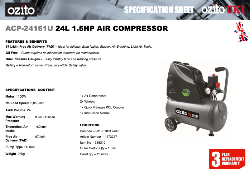 Page 1 de la notice Fiche technique Ozito ACP-24151U