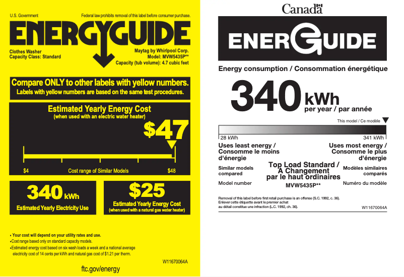 Page 1 de la notice Label énergétique Maytag MVW5435PBK