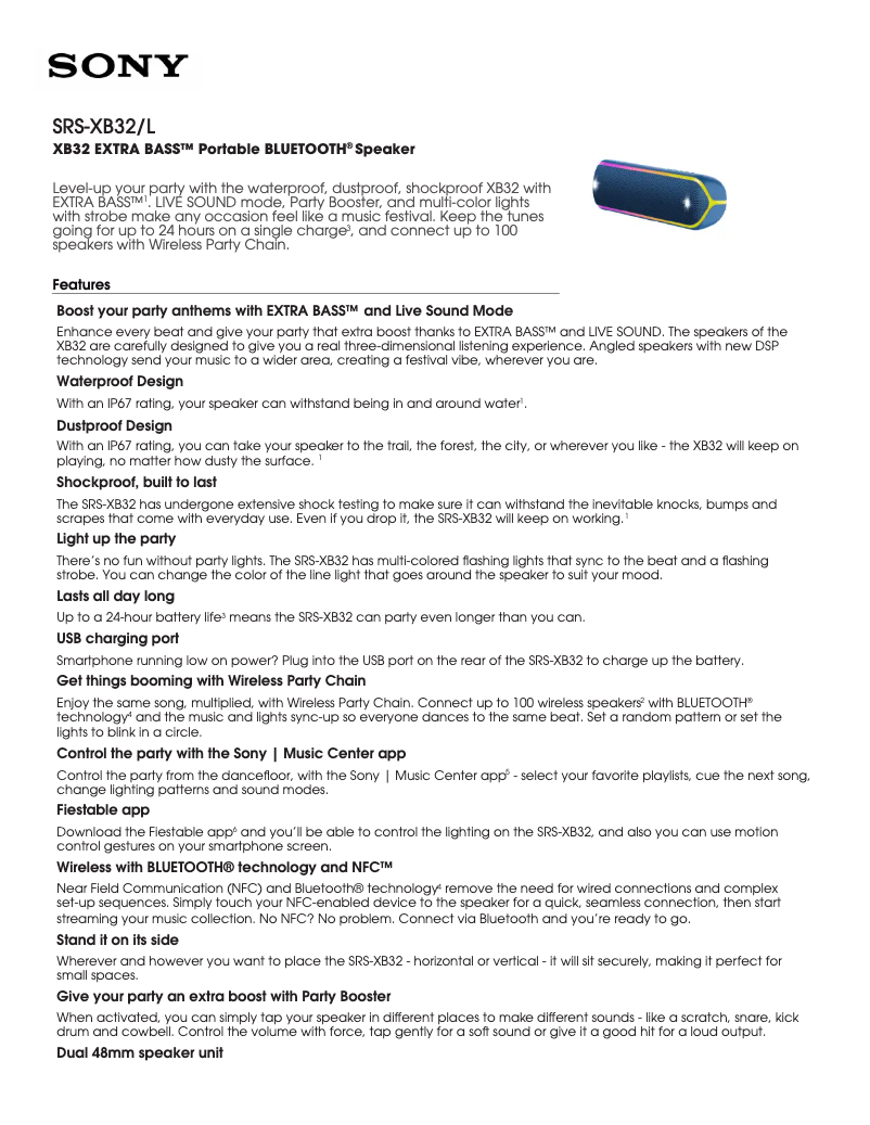 Page 1 de la notice Fiche technique Sony SRS-XB01