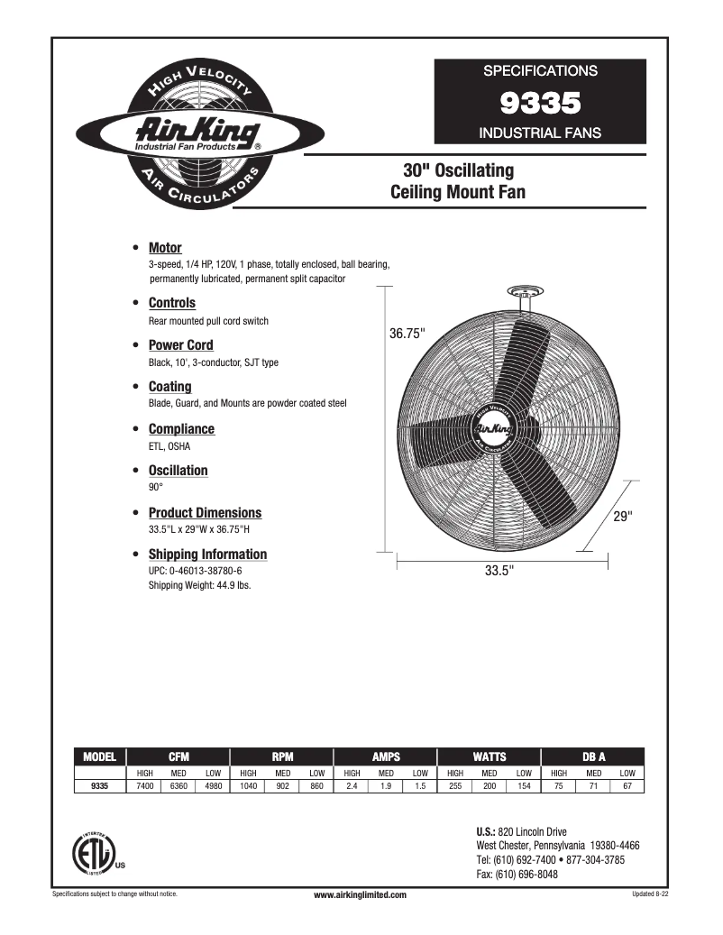Page 1 de la notice Fiche technique Air King 9335