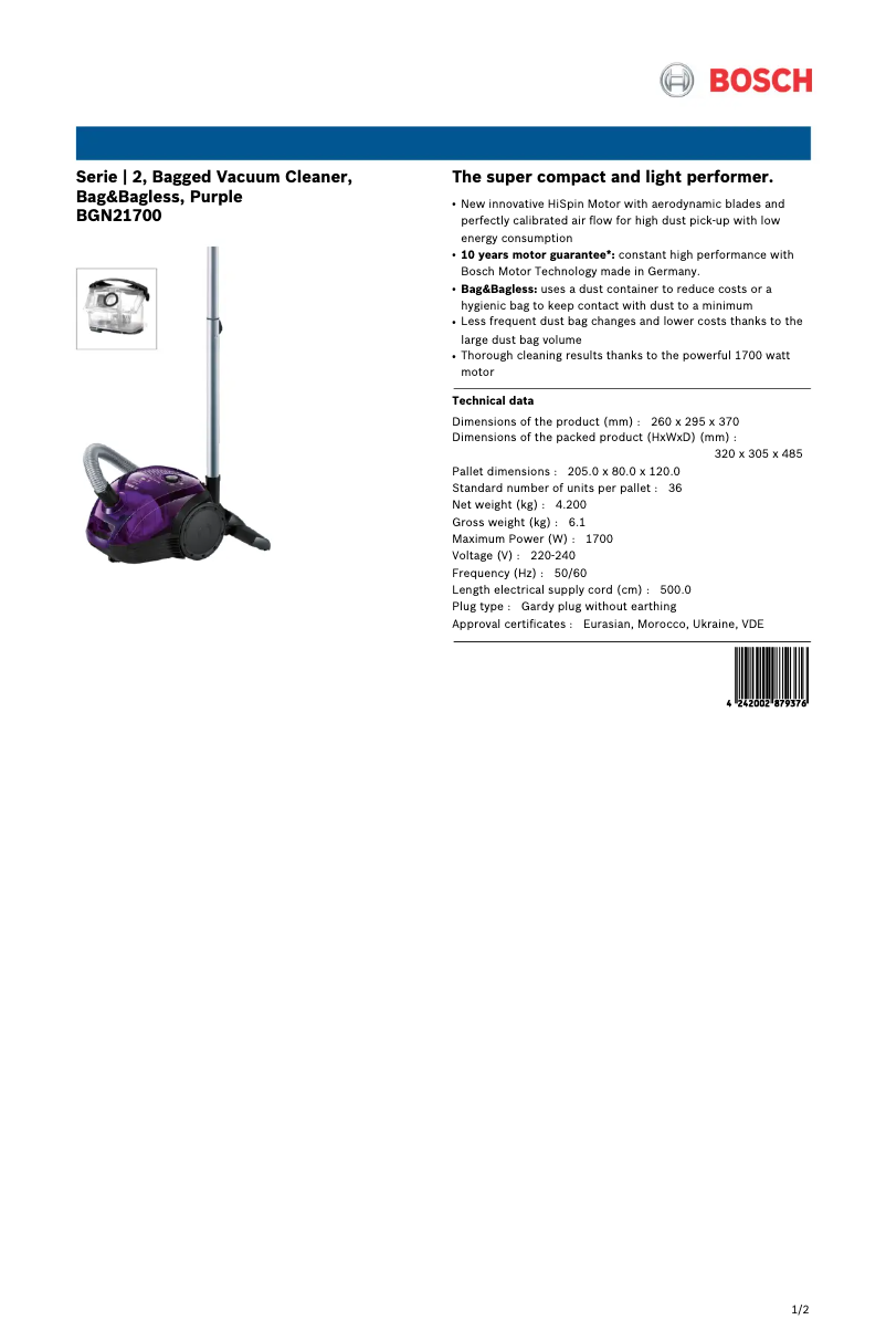 Page 1 de la notice Fiche technique Bosch BGN21700