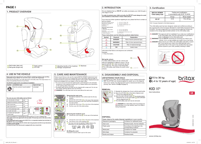 Page 1 de la notice Manuel utilisateur Britax-Römer KID XP