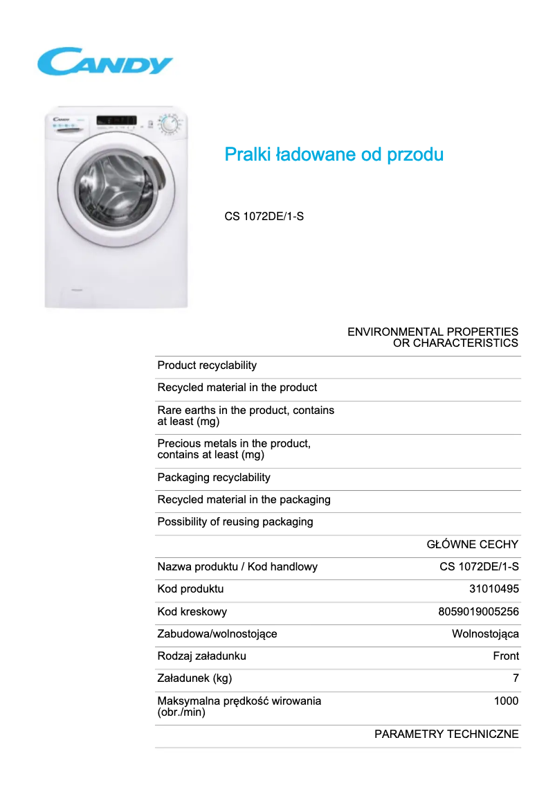 Page 1 de la notice Fiche technique Candy CS 1072DE/1-S