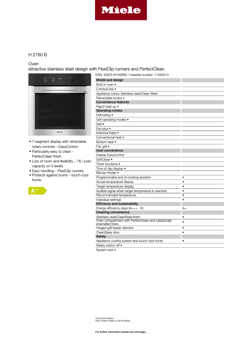 Page 1 de la notice Fiche technique Miele H 2760 B