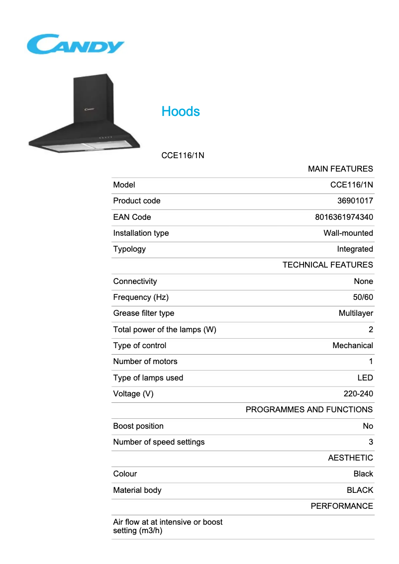Page 1 de la notice Fiche technique Candy CCE116/1N