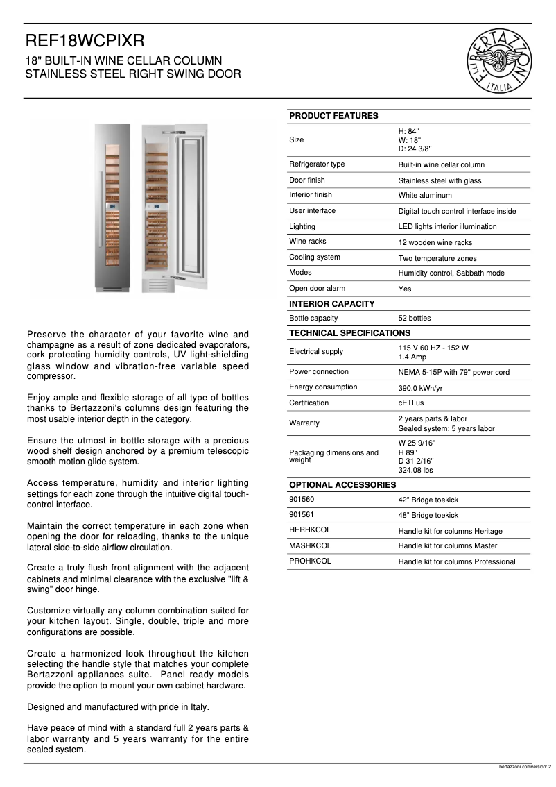 Page 1 de la notice Fiche technique Bertazzoni REF18WCPIXR
