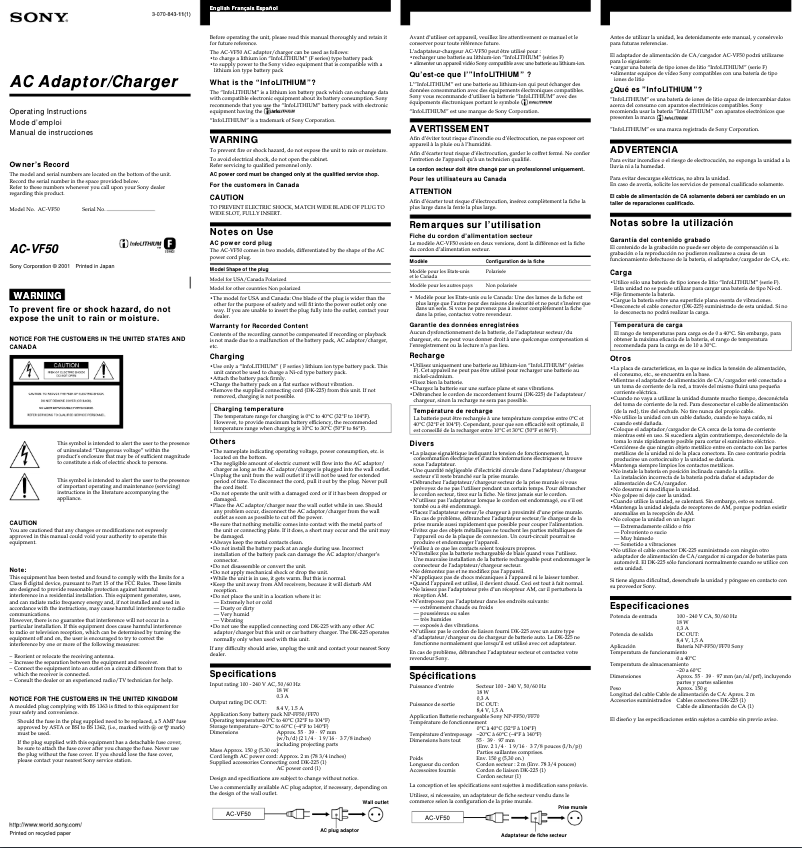 Page 1 de la notice Manuel utilisateur Sony AC-VF50