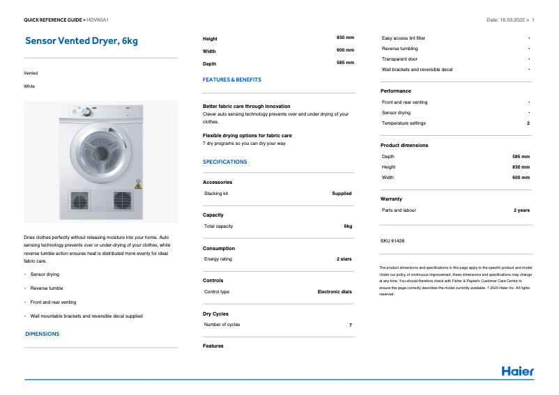 Page 1 de la notice Guide d'installation Haier HDV60A1
