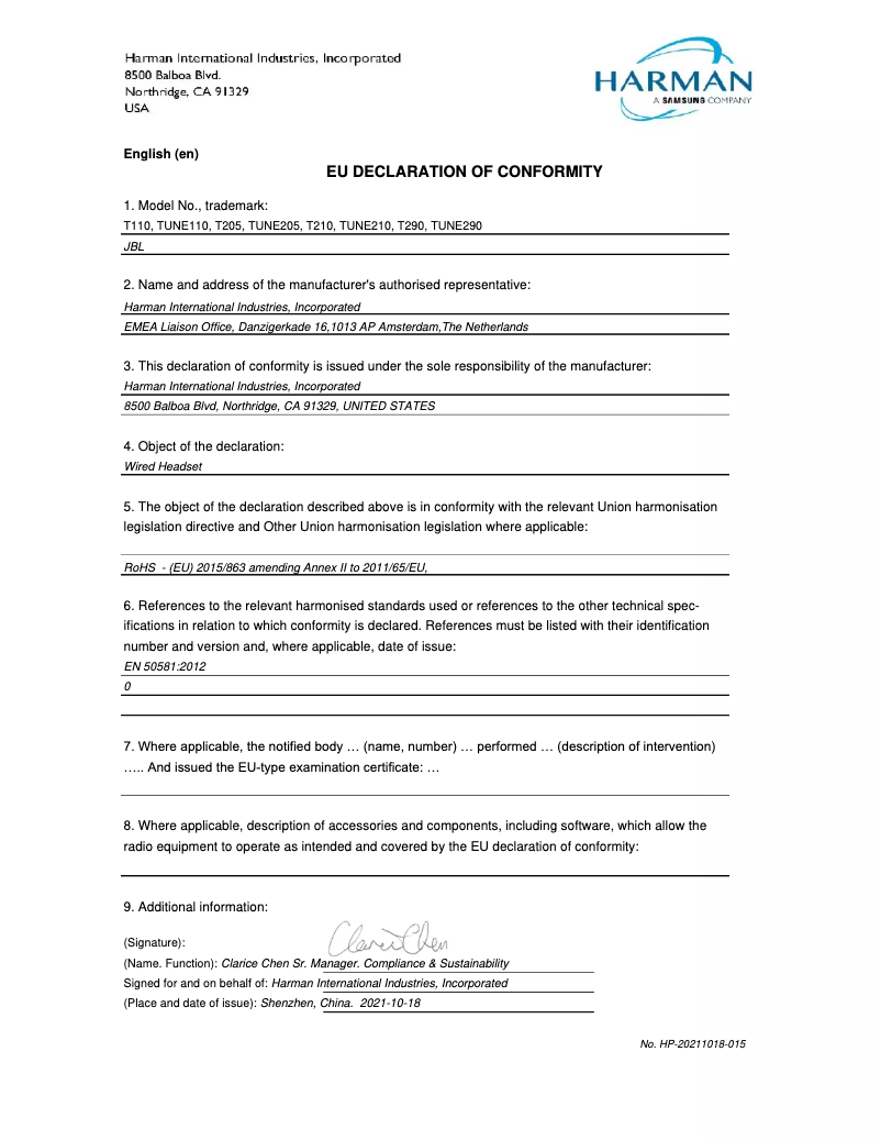 Page 1 de la notice Mode d'emploi JBL Tune 205