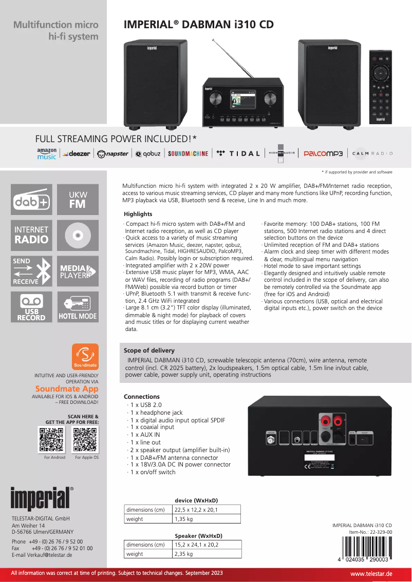 Page 1 de la notice Fiche technique Imperial DABMAN i310 CD