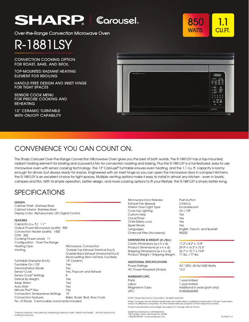 Page 1 de la notice Fiche technique Sharp R1881LSY