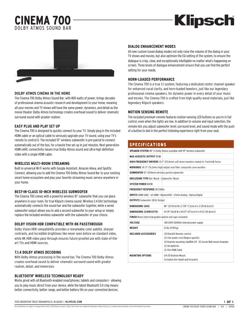 Page 1 de la notice Fiche technique Klipsch Cinema 700