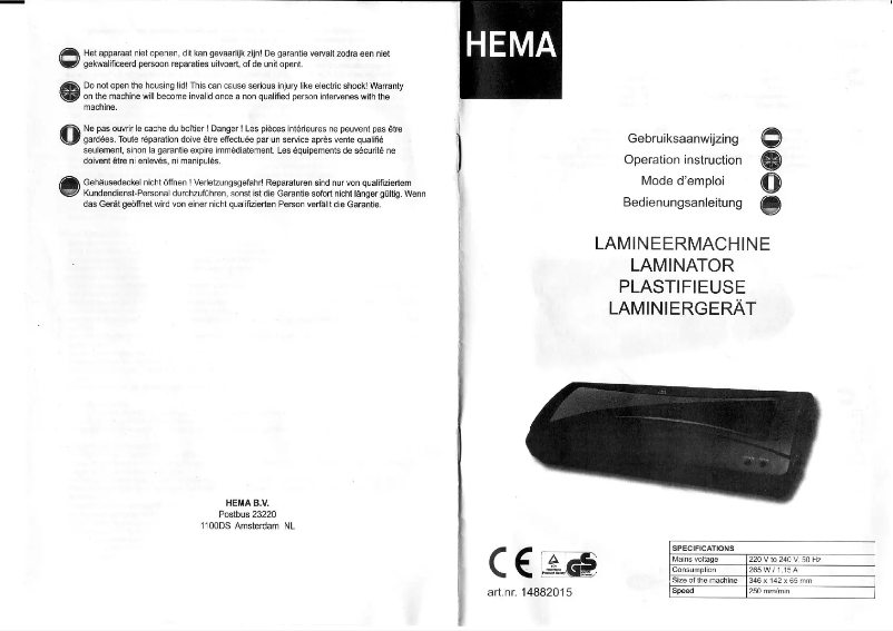 Page 1 de la notice Manuel utilisateur Hema 14882015