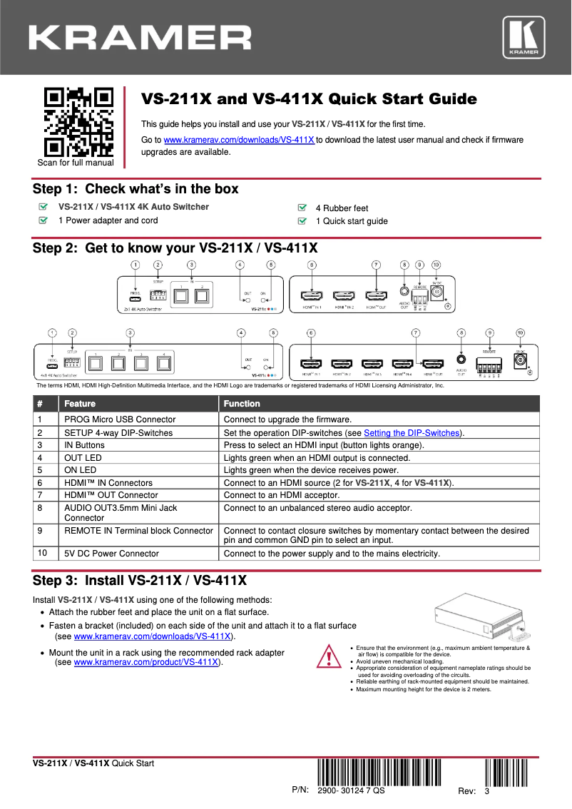 Page 1 de la notice Manuel utilisateur Kramer VS-211X