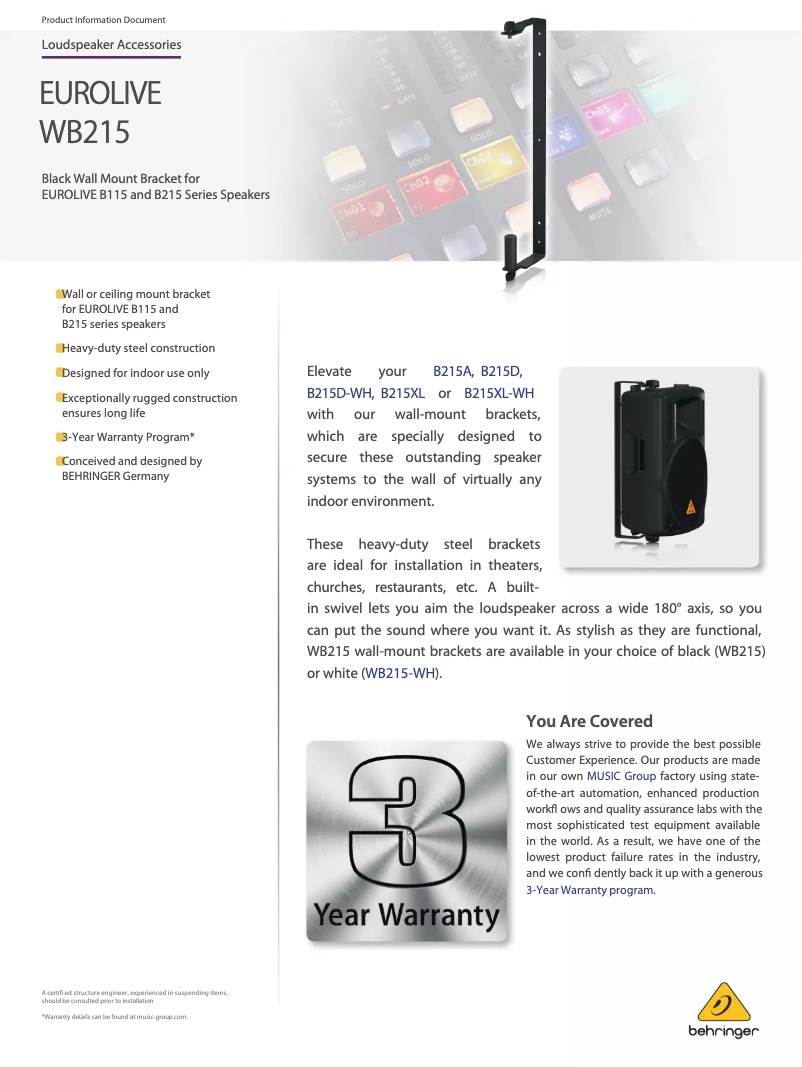 Page 1 de la notice Fiche technique Behringer Eurolive WB215