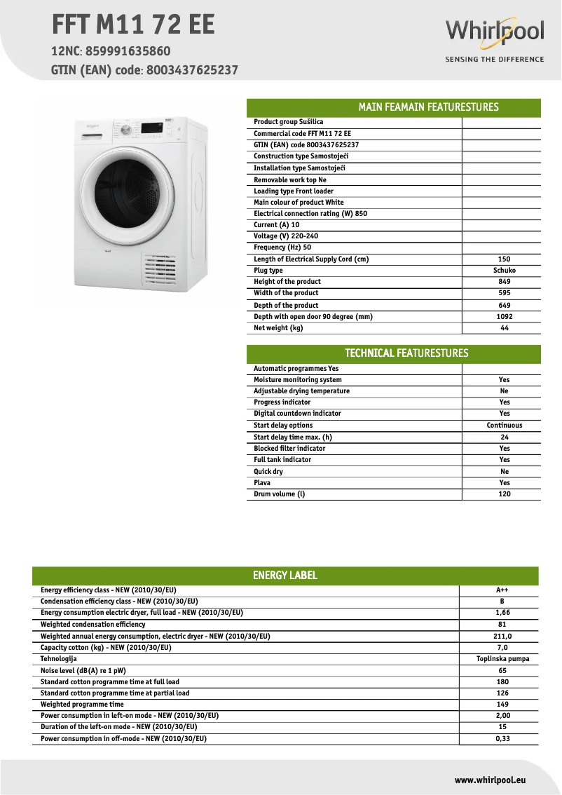 Page n°1 - Fiche technique Whirlpool FFT M11 72 EE