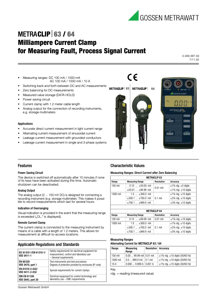 Page 1 de la notice Fiche technique Gossen Metrawatt METRACLIP 63