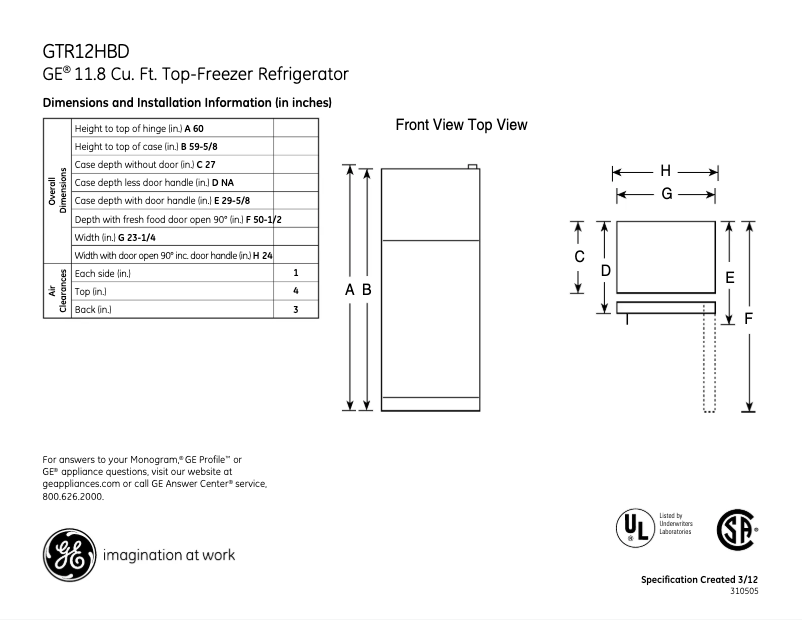 Page n°1 - Fiche technique GE GTR12HBDWW