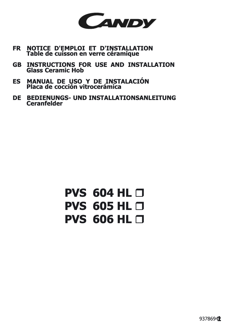 Page 1 de la notice Manuel utilisateur Candy PC PVS605HLX