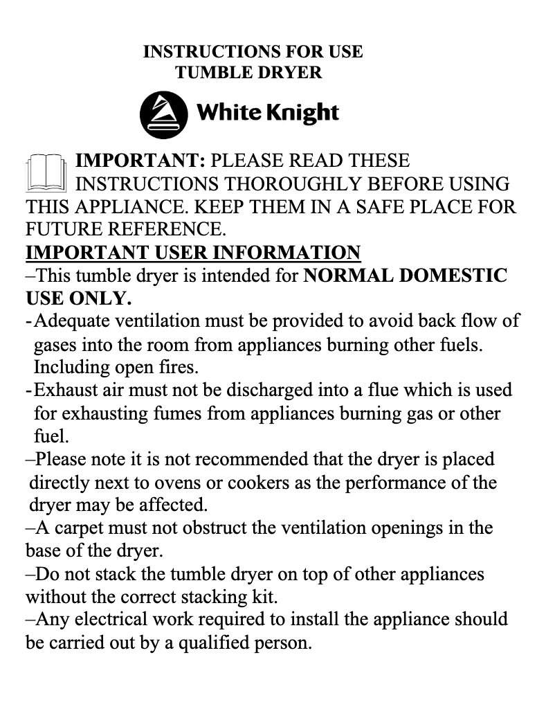 Page 1 de la notice Manuel utilisateur White Knight B44AW