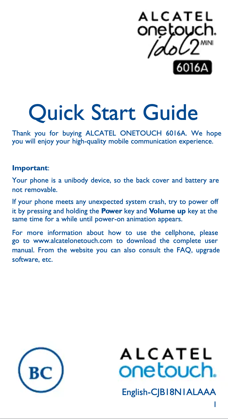 Page 1 de la notice Guide de démarrage rapide Alcatel One Touch Idol 2 Mini