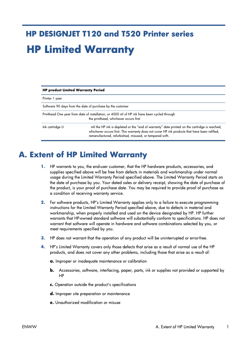 Page n°1 - Informations de garantie HP Designjet T120