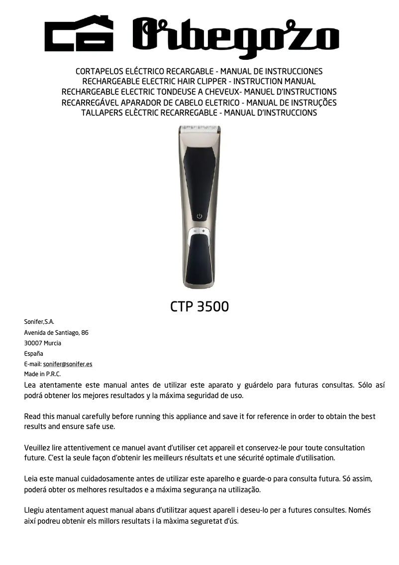 Page n°1 - Manuel utilisateur Orbegozo CTP 3500