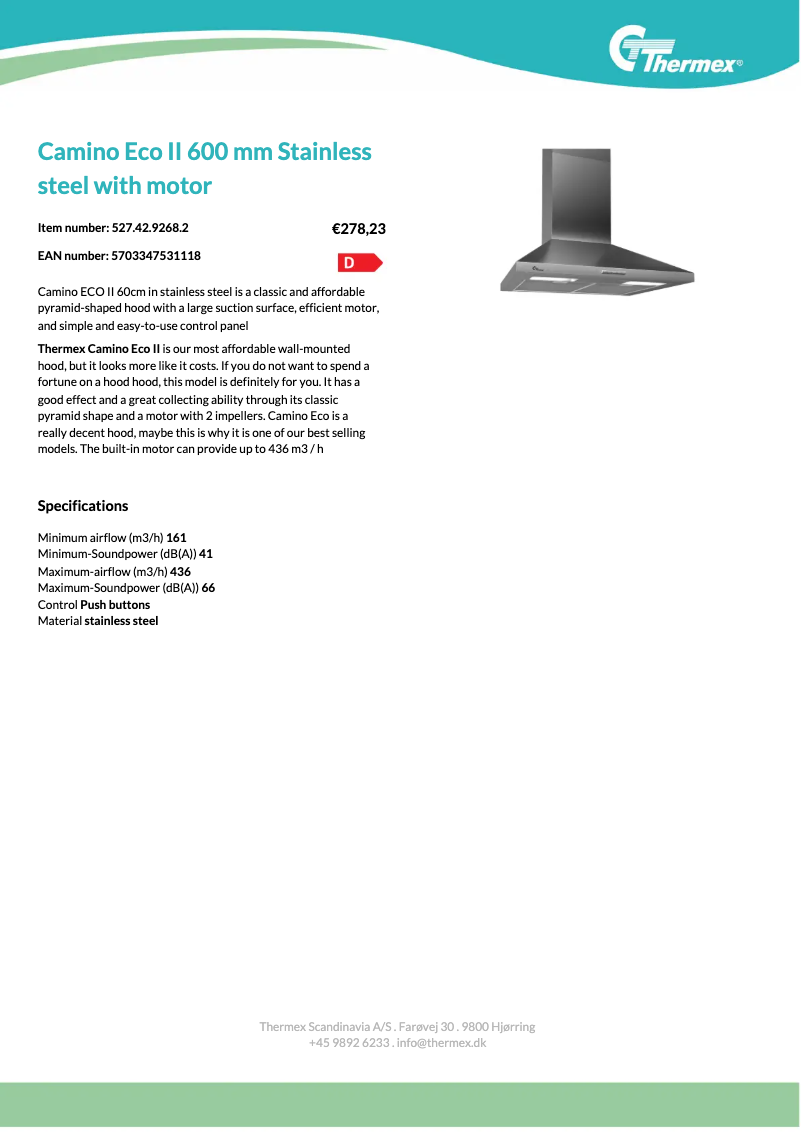 Page 1 de la notice Fiche technique Thermex Camino Eco II