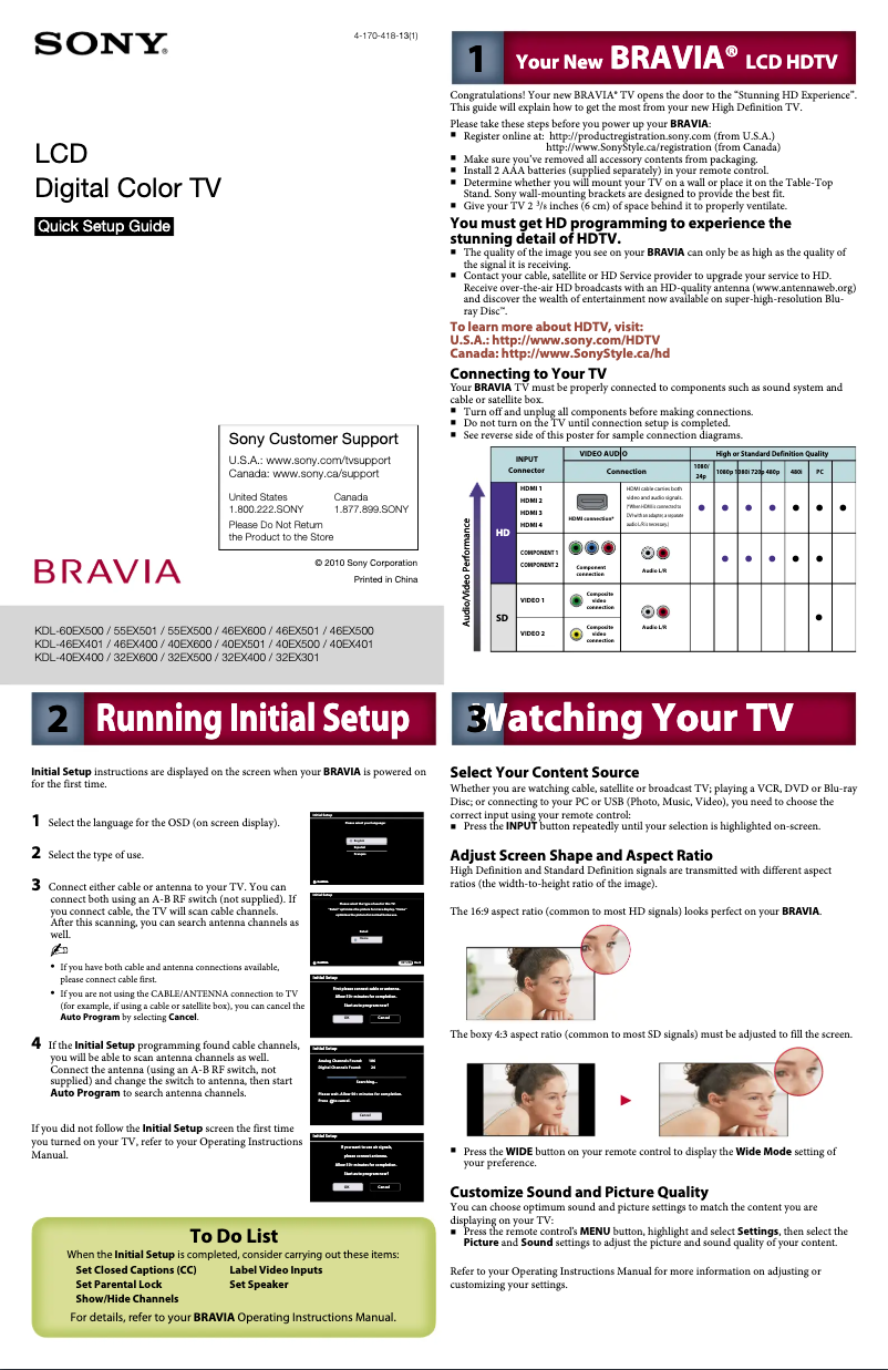 Page n°1 - Guide d'installation Sony Bravia KDL-55EX501