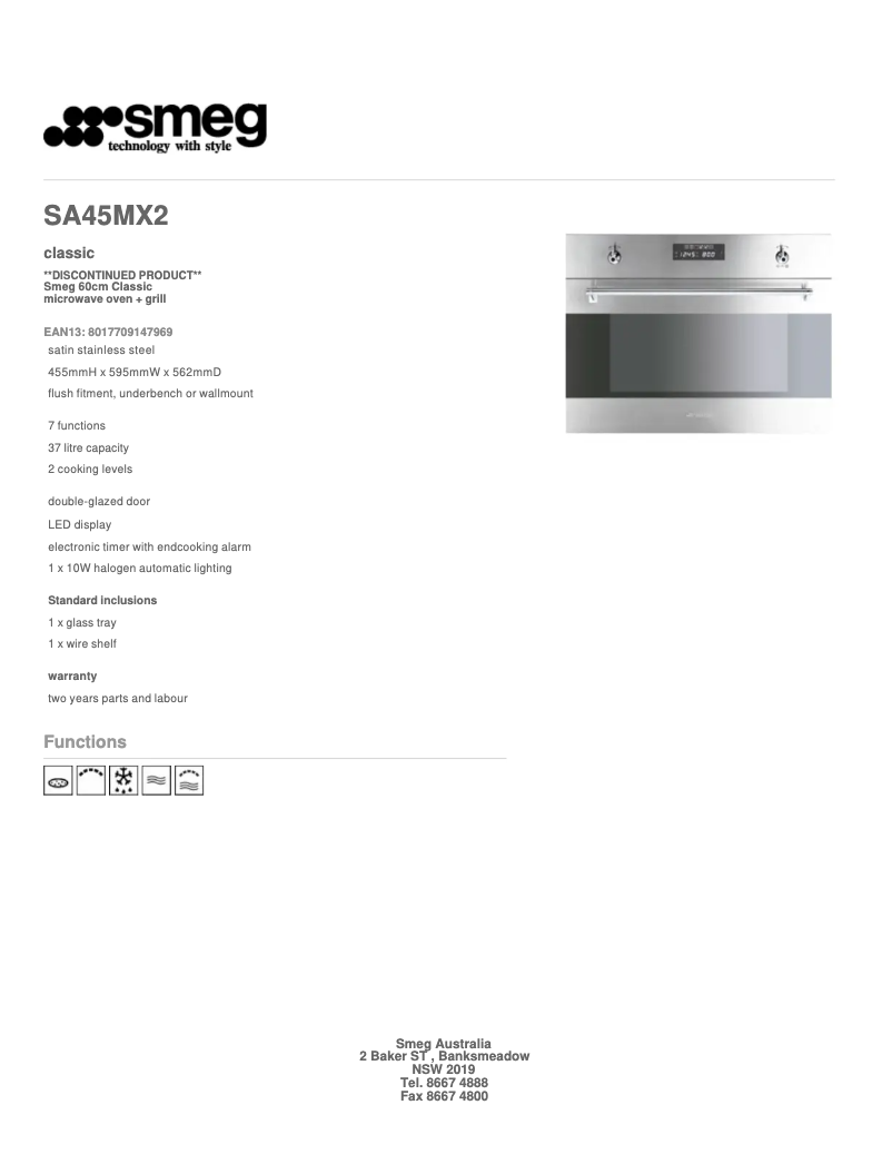 Page 1 de la notice Fiche technique Smeg SA45MX2