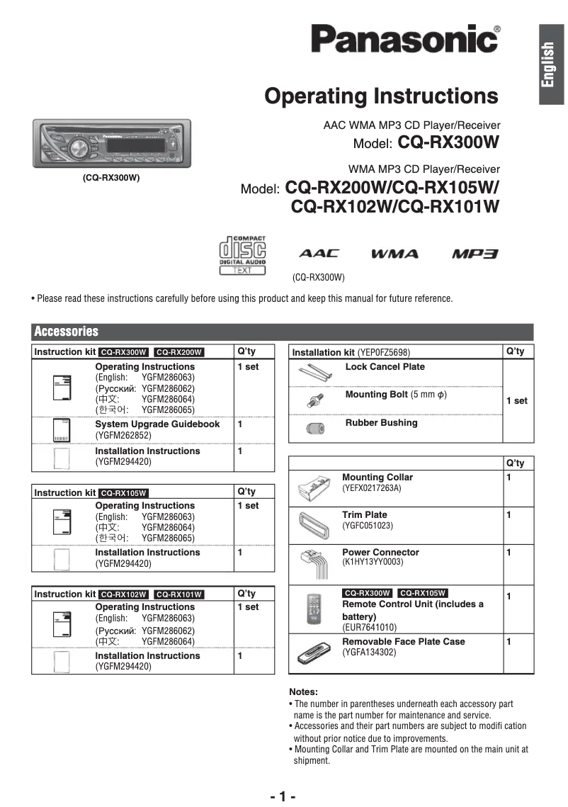 Image de la première page du manuel de l'appareil CQ-RX300W