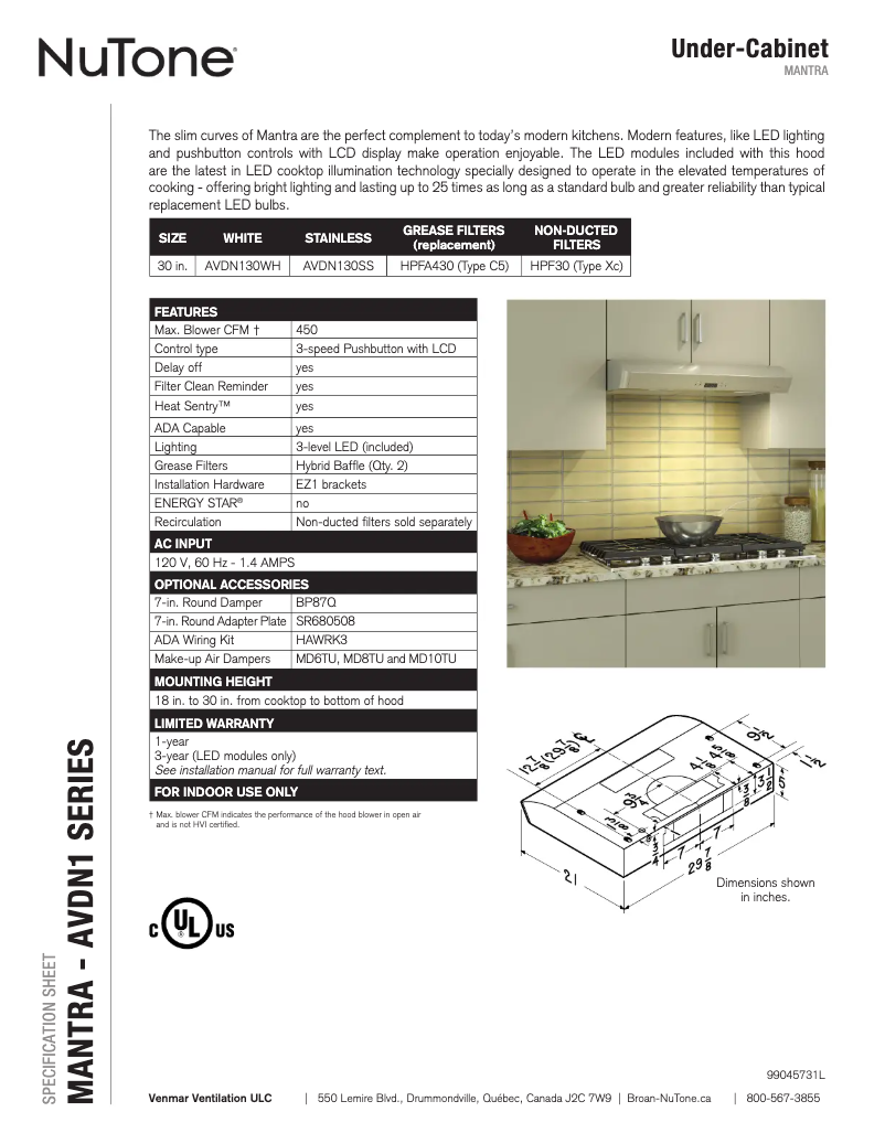 Page 1 de la notice Fiche technique NuTone AVDN130WH