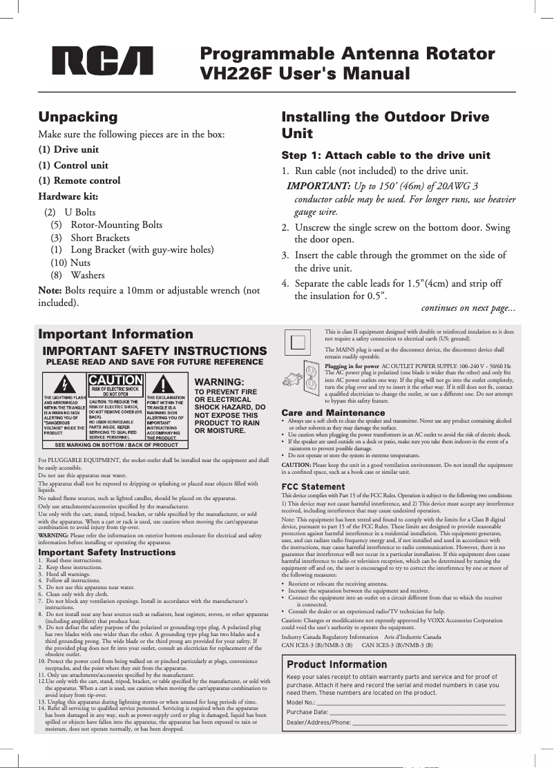 Page n°1 - Manuel utilisateur RCA VH226F