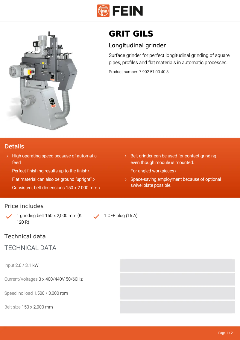 Page 1 de la notice Fiche technique Fein GRIT GILS