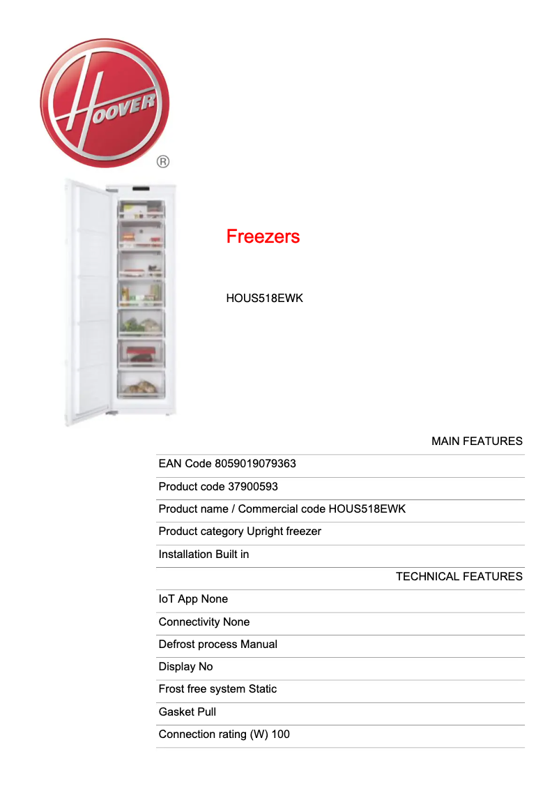 Page 1 de la notice Fiche technique Hoover HOUS518EWK