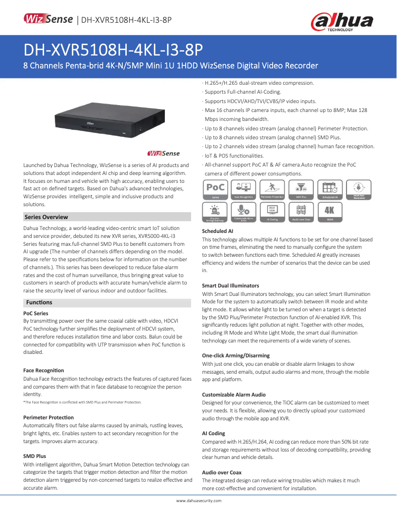 Page 1 de la notice Fiche technique Dahua Technology XVR5108H-4KL-I3-8P