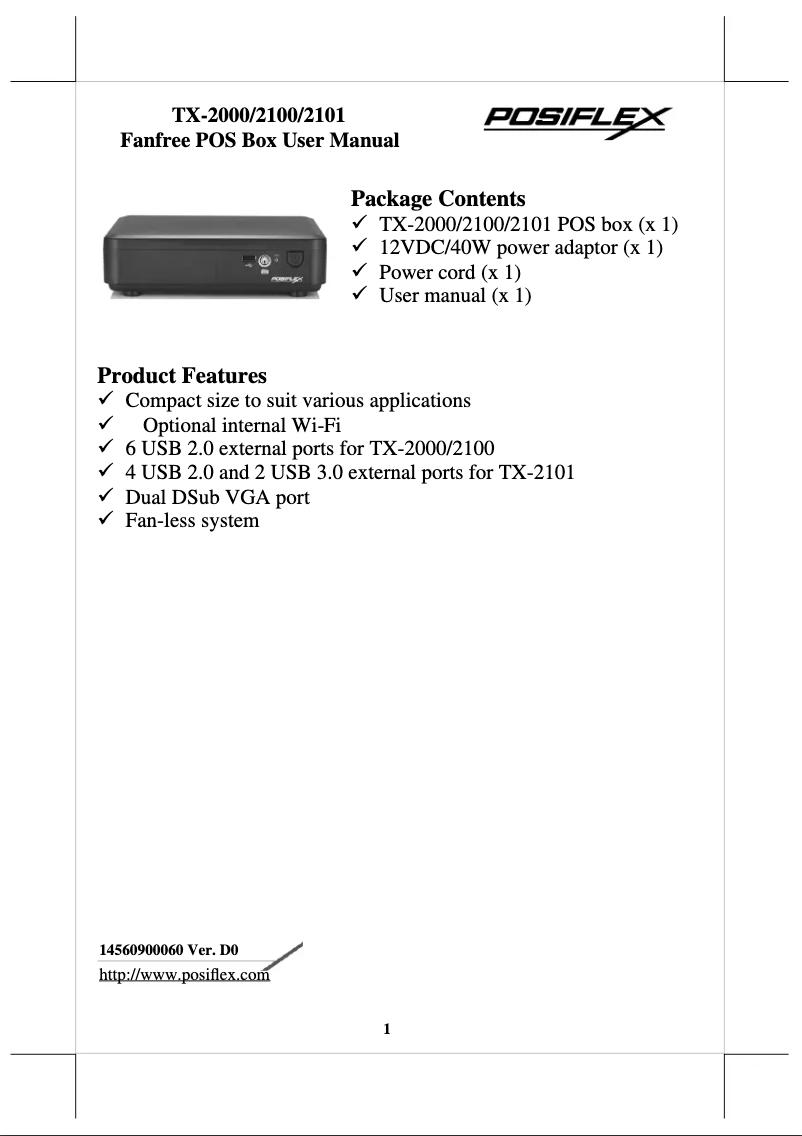 Page 1 de la notice Manuel utilisateur Posiflex TX-2100